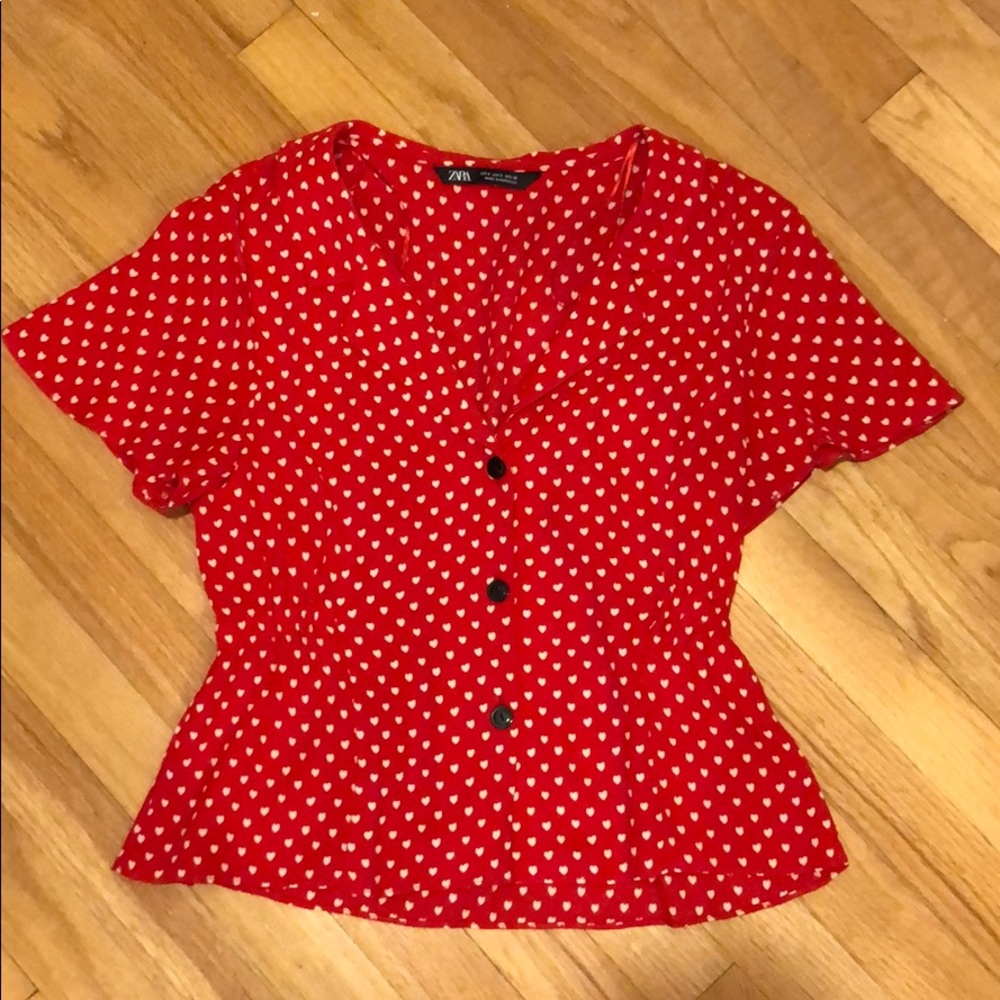 Zara Red with Hearts Short Sleeve Button Down